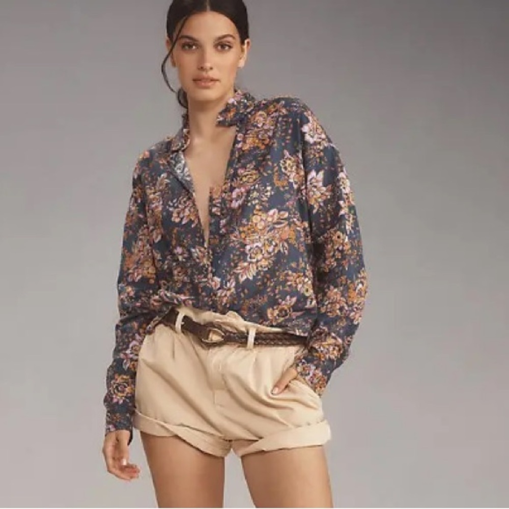 Floral Button-Up Blouse in Navy and Pink